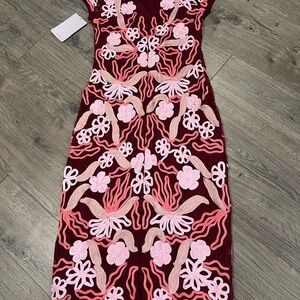 JS Collections Burgundy and Pink Embroidered Midi Dress